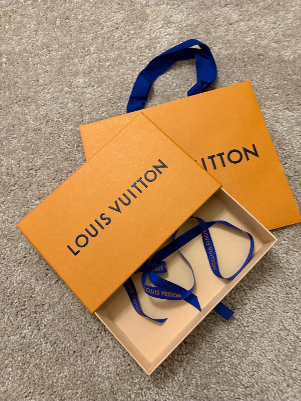 Louis Vuitton Orange Gift Box 8 x 5.5 x 1.5, Blue Ribbon, Shopping Bag